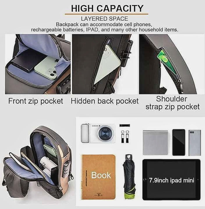 High Quality Fashion Water Proof Chest Bag USB Anti-t heft Lock Cross Body Bag