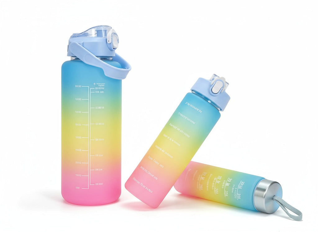 3‑in‑1 Gradient Motivational Water Bottle Set with Time Marker & Straw