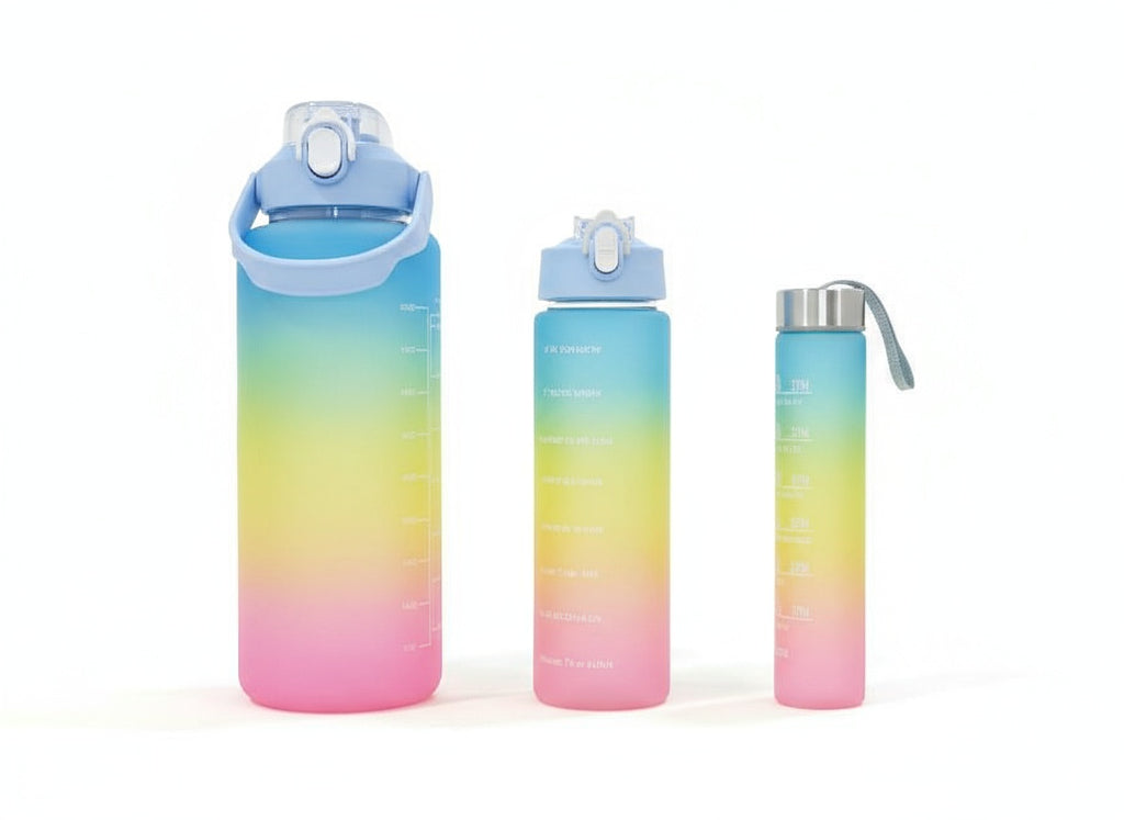 3‑in‑1 Gradient Motivational Water Bottle Set with Time Marker & Straw
