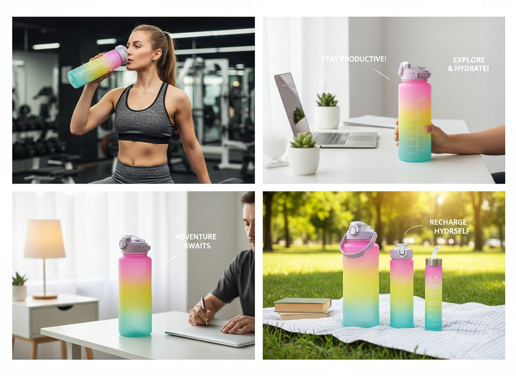 3‑in‑1 Gradient Motivational Water Bottle Set with Time Marker & Straw
