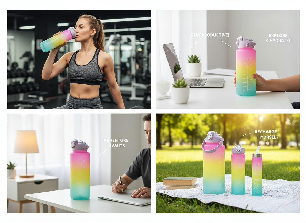 3‑in‑1 Gradient Motivational Water Bottle Set with Time Marker & Straw