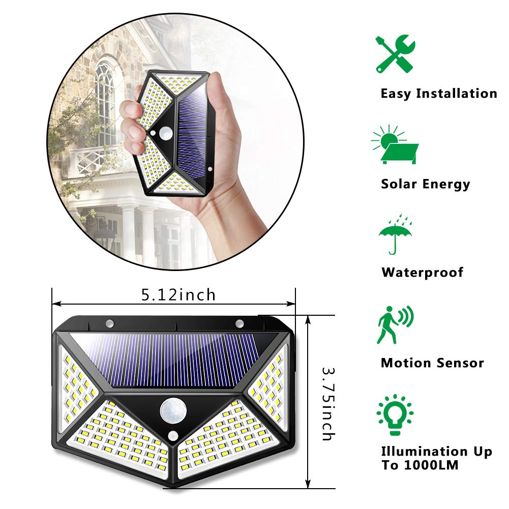 Solar Motion Sensor Outdoor Light, BK100 LED Wide Angle Security Wall Light, Black