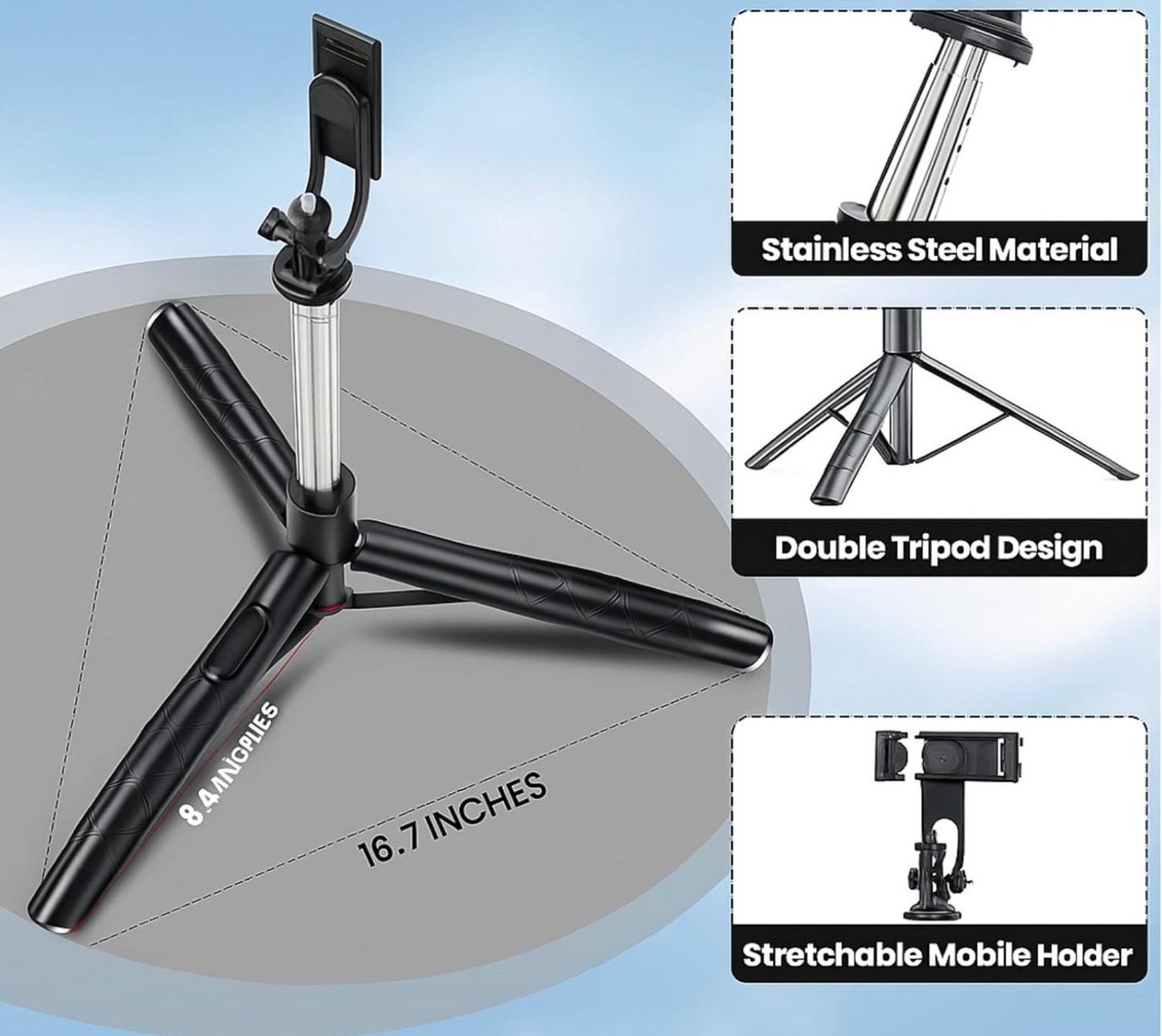 R1S-L 3-in-1 Bluetooth selfie stick and tripod stand
