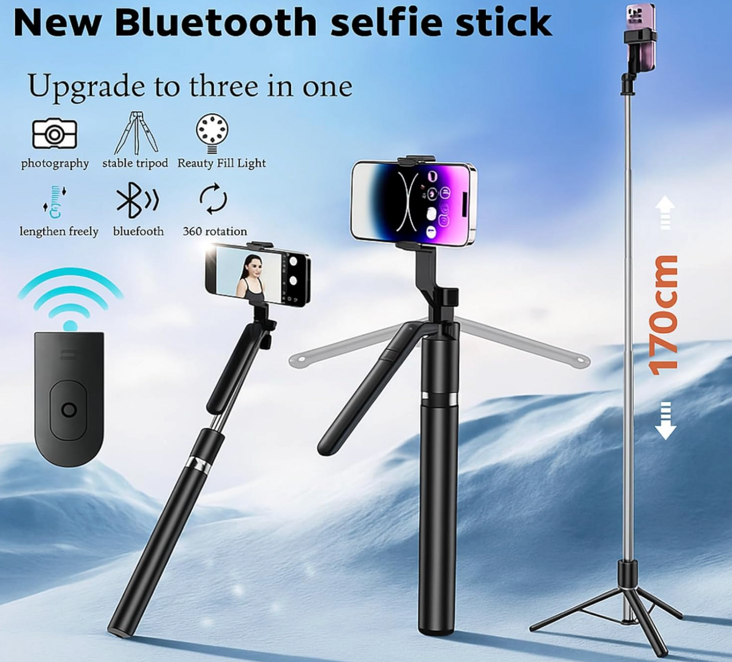 R1S-L 3-in-1 Bluetooth selfie stick and tripod stand