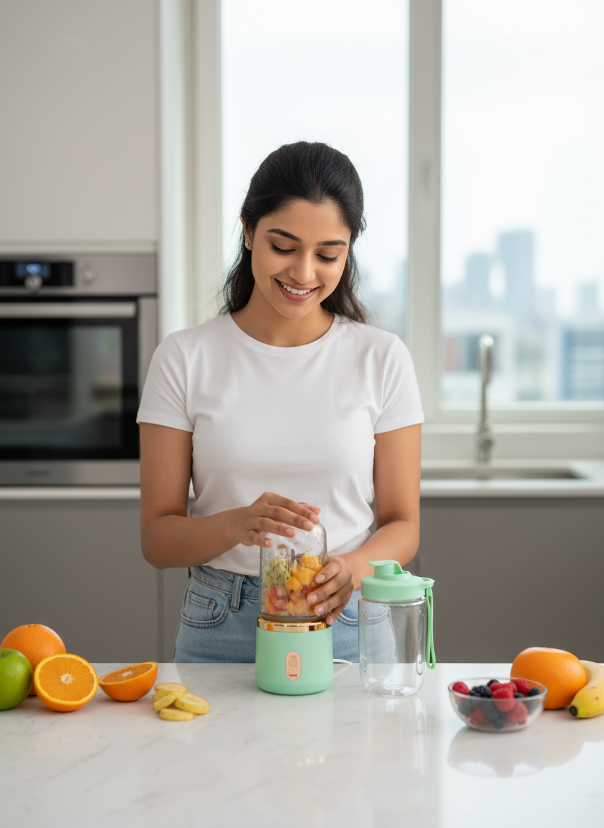 Portable Mini Juicer – Mini 6-Blade Smoothie Maker & Shake Mixer for Travel, Gym & Office – Lightweight, Compact Personal Juice Blender